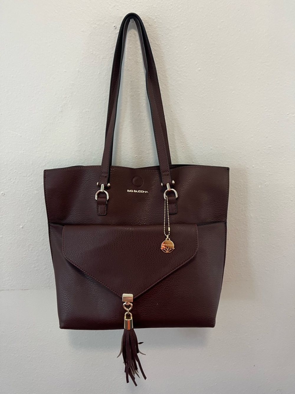 Big Buddha Brown Pebble Leather Tote with Tassel Charm